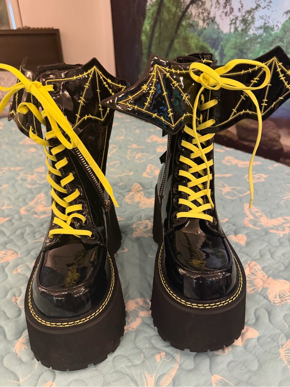 Dolls Kill Black Patent Platform Lace-Up Boots with Yellow Details